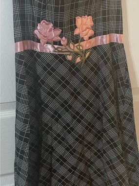 Black Plaid Dress with Pink Floral Appliqué